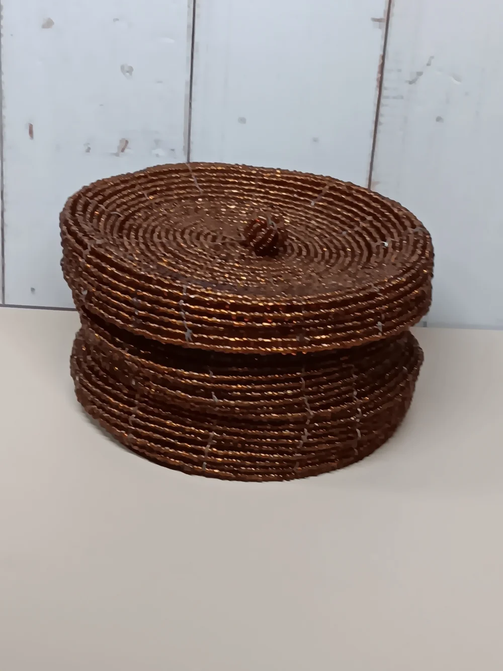 Hand Crafted Copper Brown Beaded Lidded Basket 4